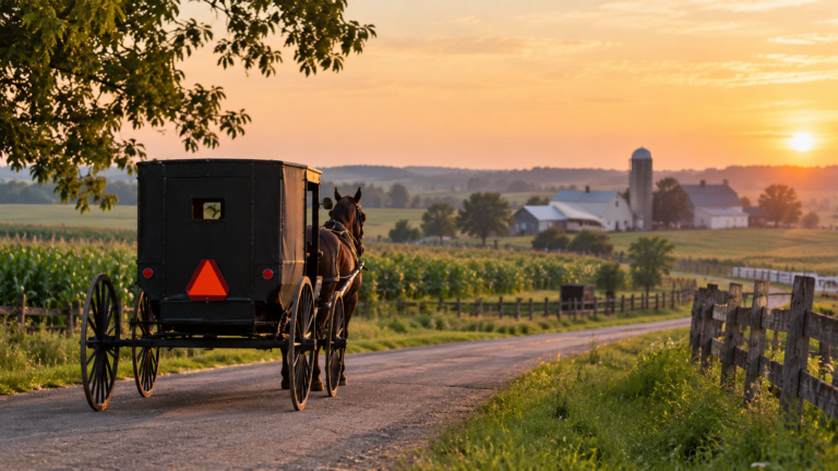 Amish horse and buggy on a country road at sunset
