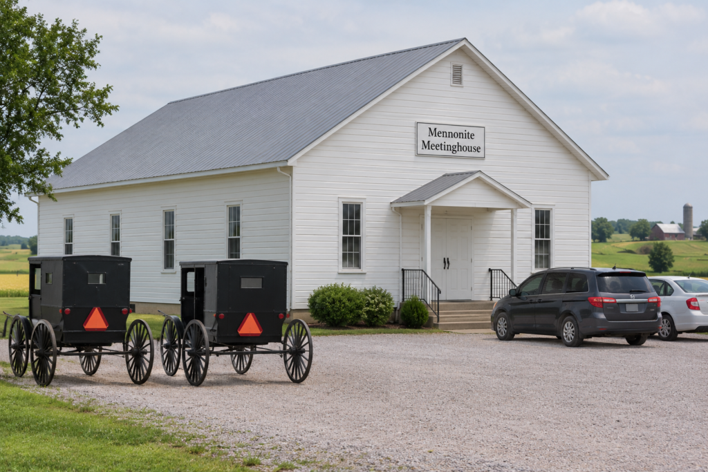 White plain Mennonite meetinghouse with horse-drawn buggies and a car parked outside