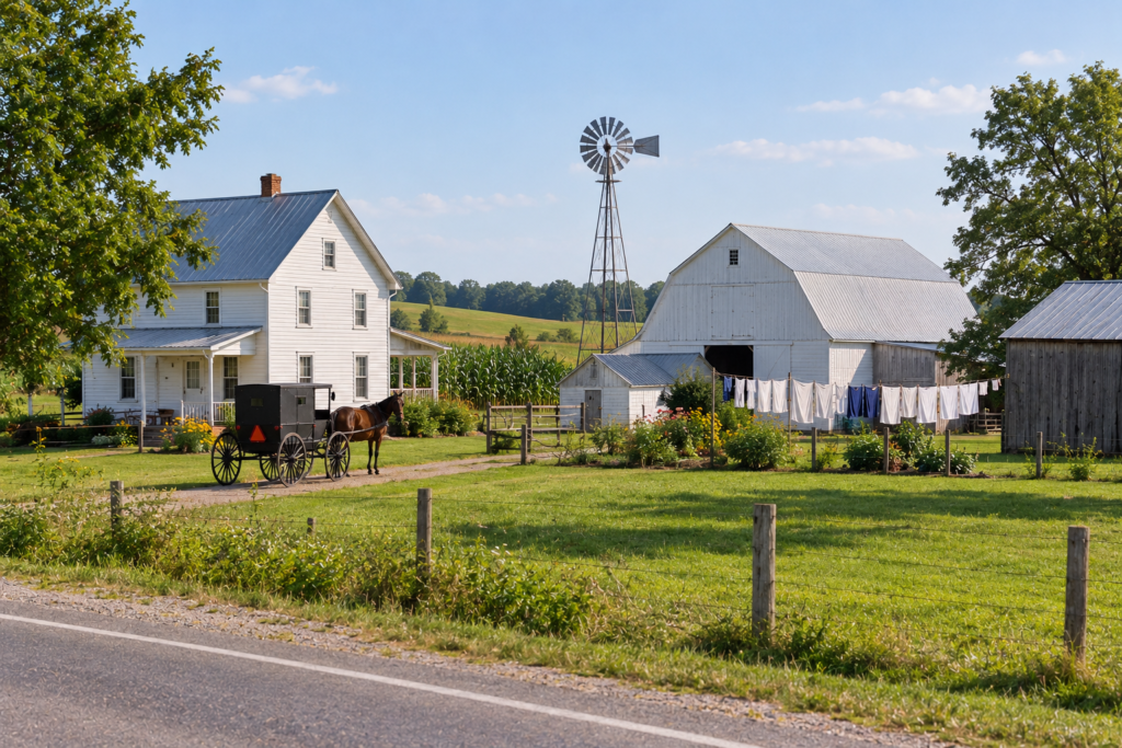 Amish farmhouse with a windmill, white barn and horse and buggy beside a country road