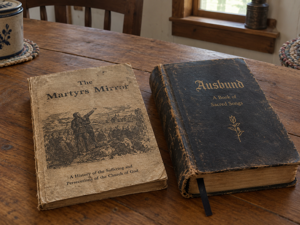 Old copies of the Martyrs Mirror and the Ausbund hymnal on a wooden table