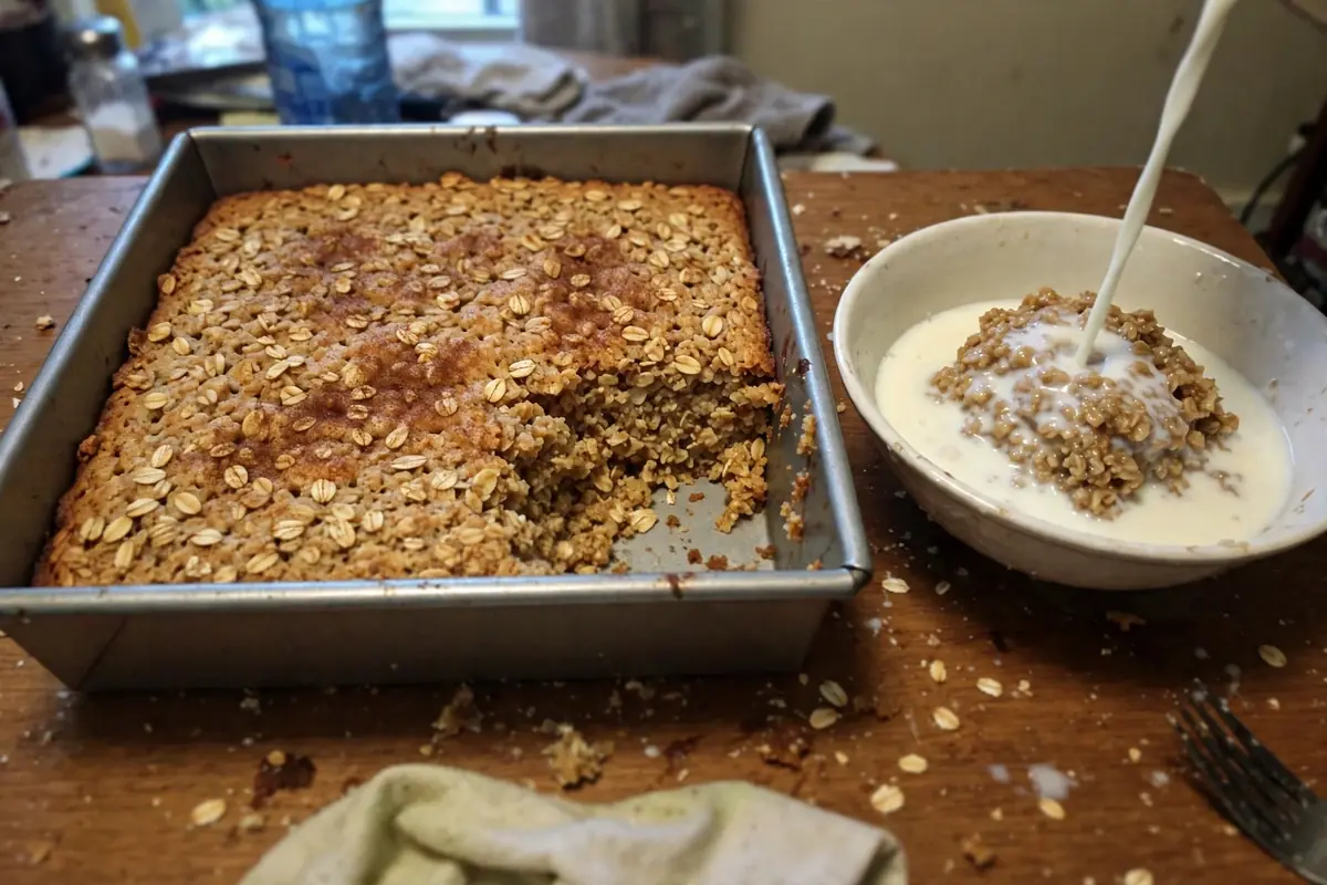 A pan of Amish baked oatmeal with a serving in a bowl with cold milk poured over