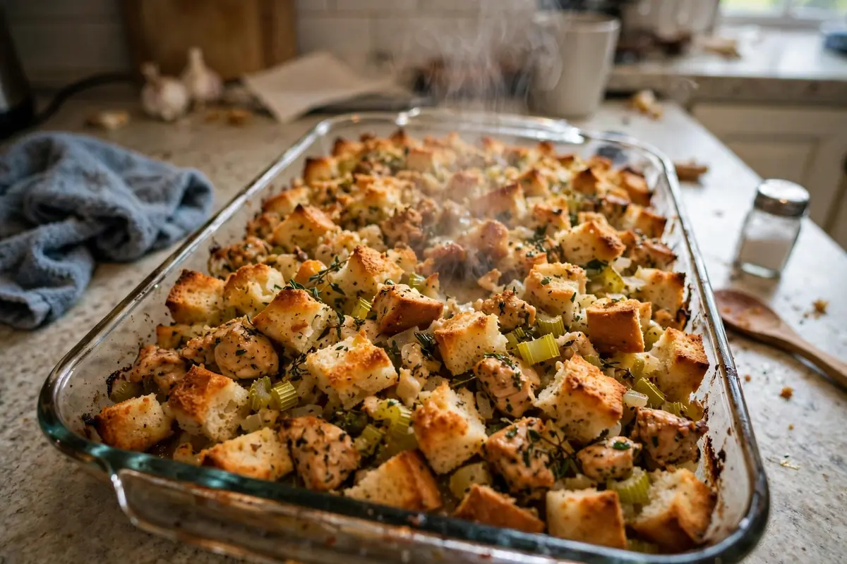 A baking dish of golden Amish bread filling (Amish dressing) with crisp bread cubes, fresh from the oven