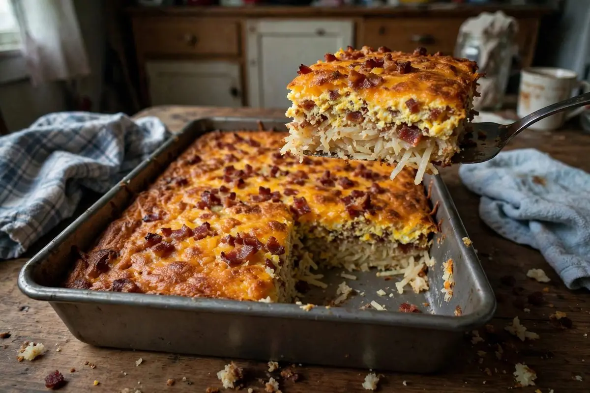 Amish breakfast casserole with bacon, hash browns and cheddar in a baking pan, one slice lifted out