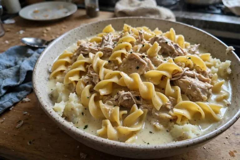 Amish chicken and noodles with thick homemade egg noodles served over mashed potatoes