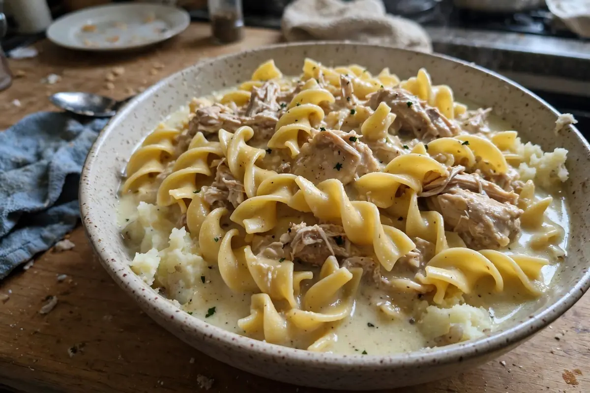 Amish chicken and noodles with thick homemade egg noodles served over mashed potatoes