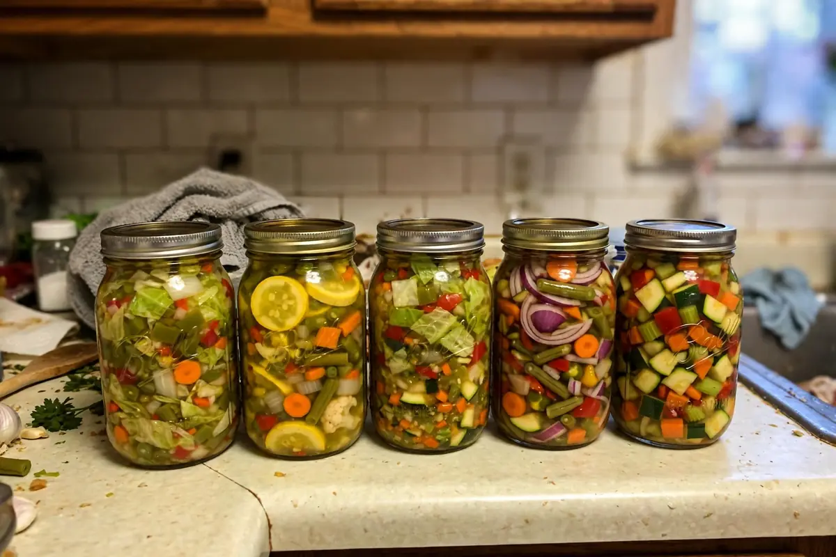 Glass jars of colorful homemade Amish chow-chow relish lined up on a kitchen counter