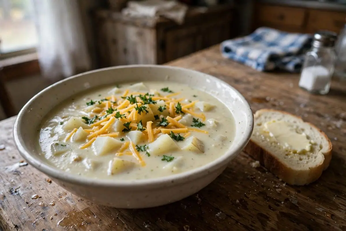 A bowl of creamy Amish potato soup topped with parsley and cheddar, with buttered bread beside it