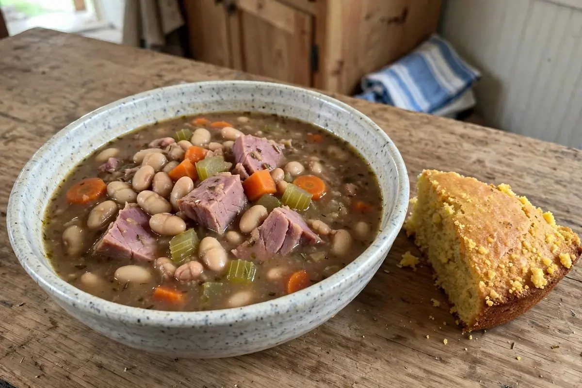 A bowl of hearty Amish ham and bean soup with a wedge of cornbread on a wooden table