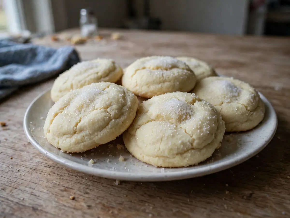 Soft Amish sugar cookies, thick and pale with sugary tops, on a wooden farmhouse table