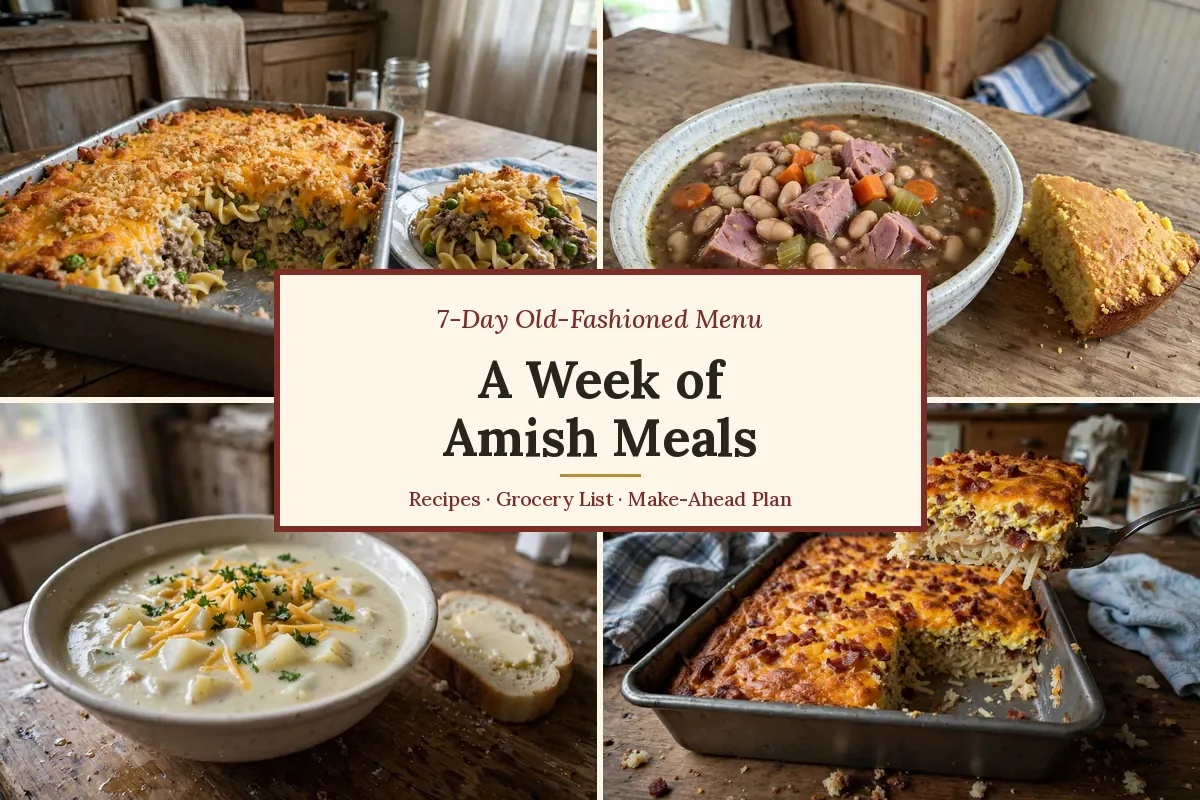 A week of Amish meals: collage of yumasetti casserole, ham and bean soup, potato soup and Amish breakfast casserole for a 7-day menu plan