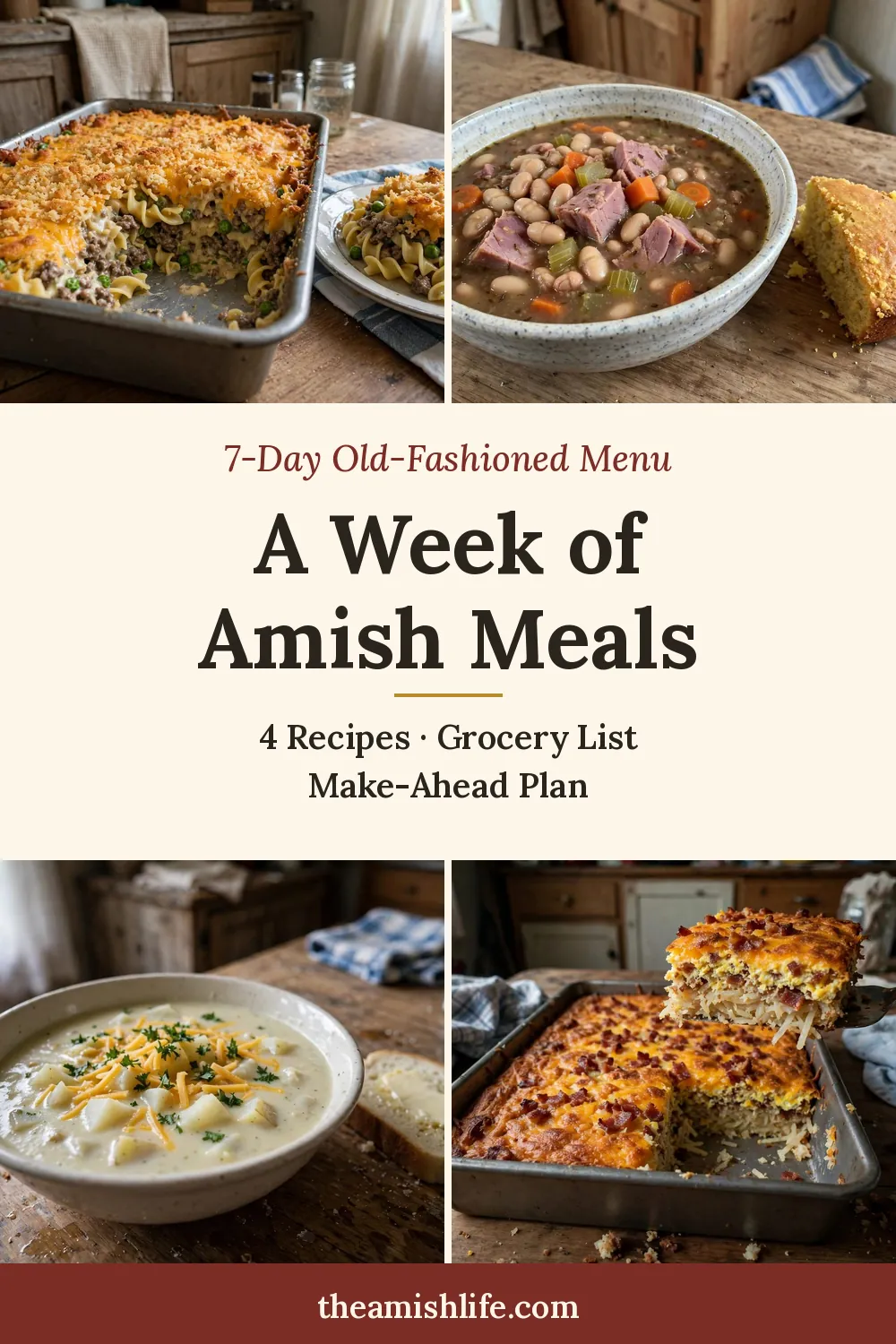 Pinterest pin: A Week of Amish Meals, a 7-day old-fashioned menu with 4 recipes, a grocery list and a make-ahead plan