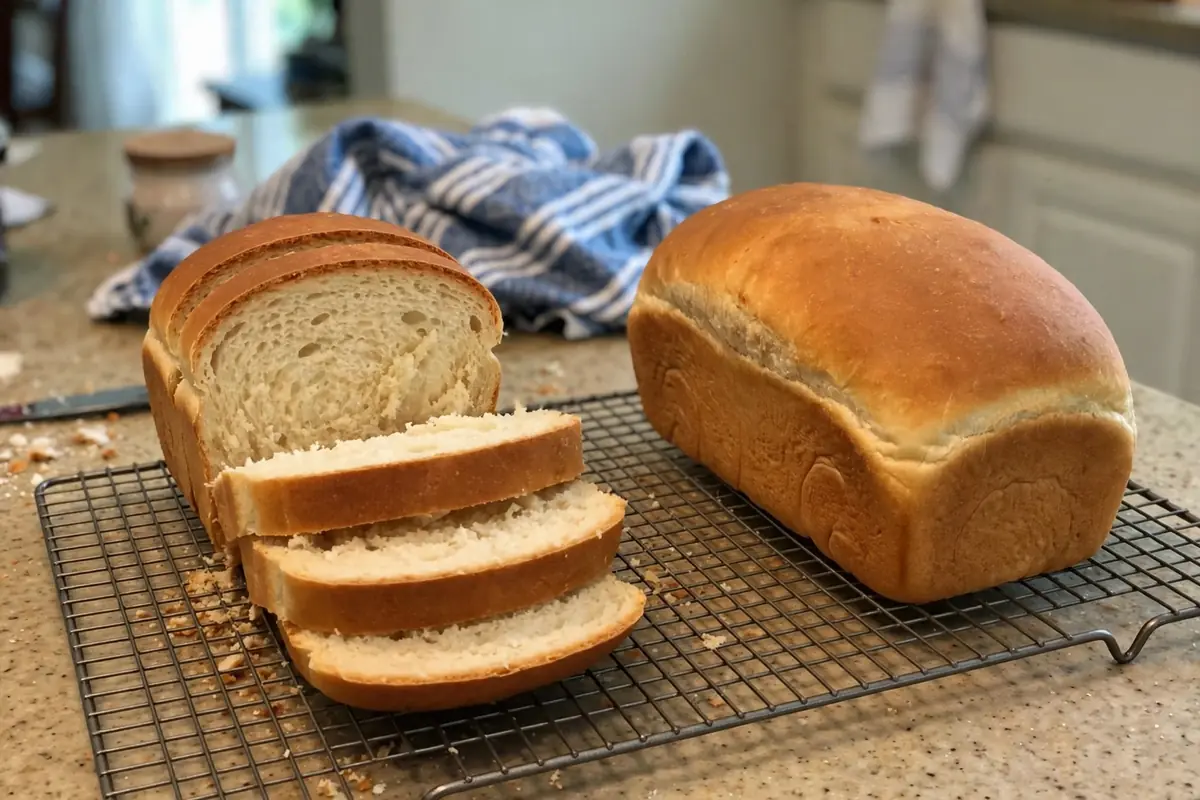 Two golden loaves of homemade Amish white bread cooling on a wire rack