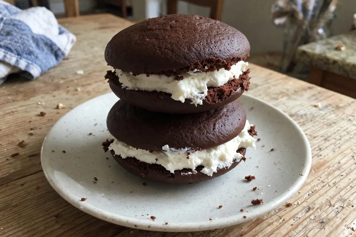 Classic Amish chocolate whoopie pies with white filling stacked on a plate