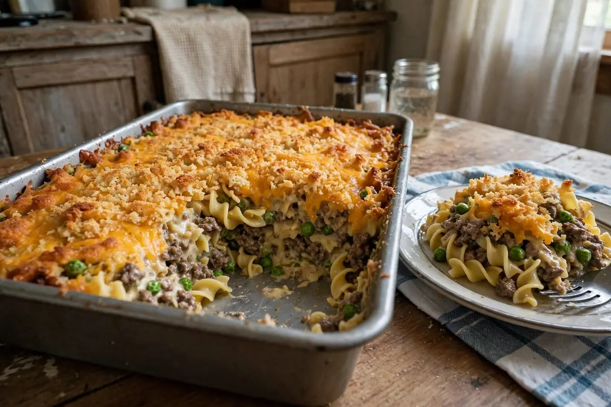 Amish yumasetti casserole with egg noodles, ground beef, peas and melted cheese under golden bread crumbs in a baking pan