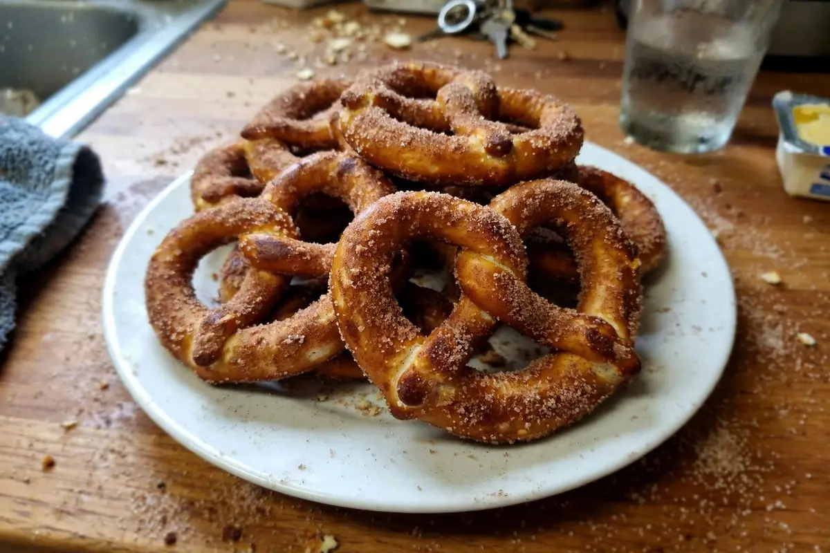 Cinnamon sugar soft Amish pretzels on a plate