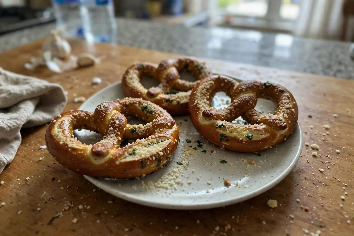 Garlic Parmesan soft pretzels on a plate