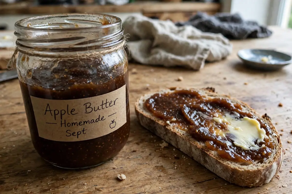 A jar of dark homemade Amish apple butter next to bread spread with apple butter