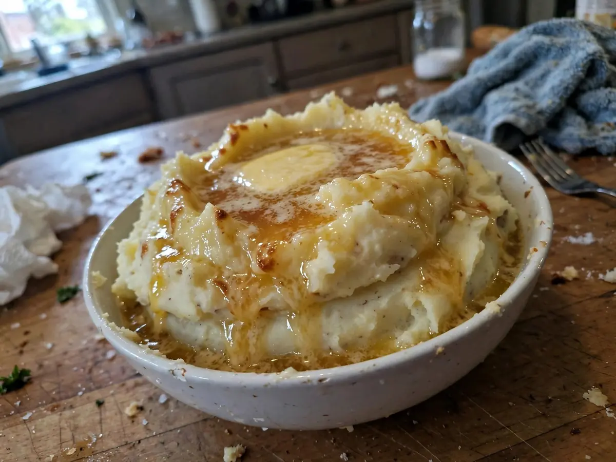 Creamy Amish mashed potatoes with golden brown butter poured over the top