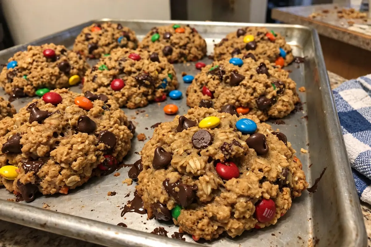 Amish monster cookies with oats, peanut butter, chocolate chips and candies on a baking sheet