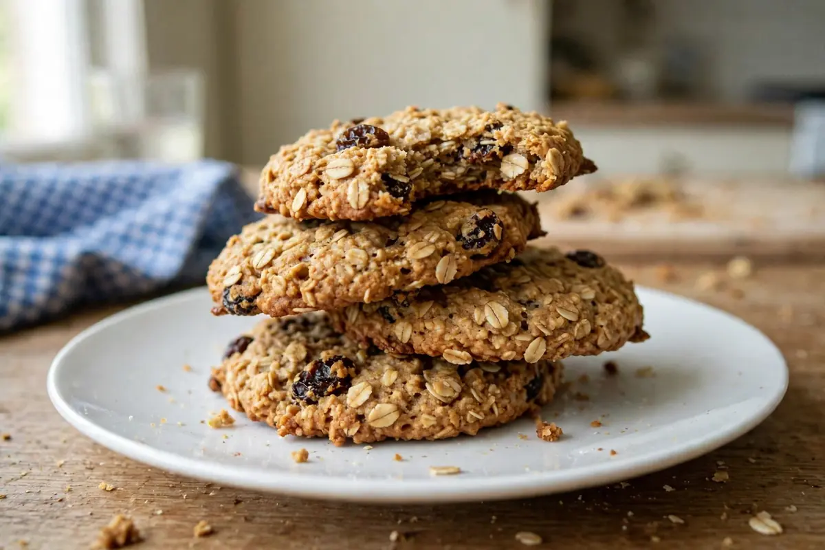 Old-fashioned Amish oatmeal raisin cookies stacked on a white plate