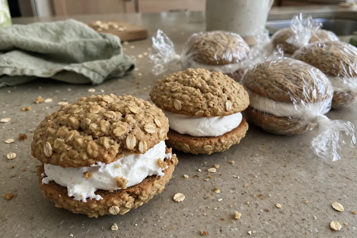 Amish oatmeal whoopie pies with marshmallow cream filling, some wrapped in plastic wrap