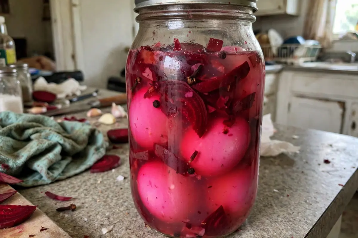 Bright pink Amish pickled red beet eggs with sliced beets in a glass jar
