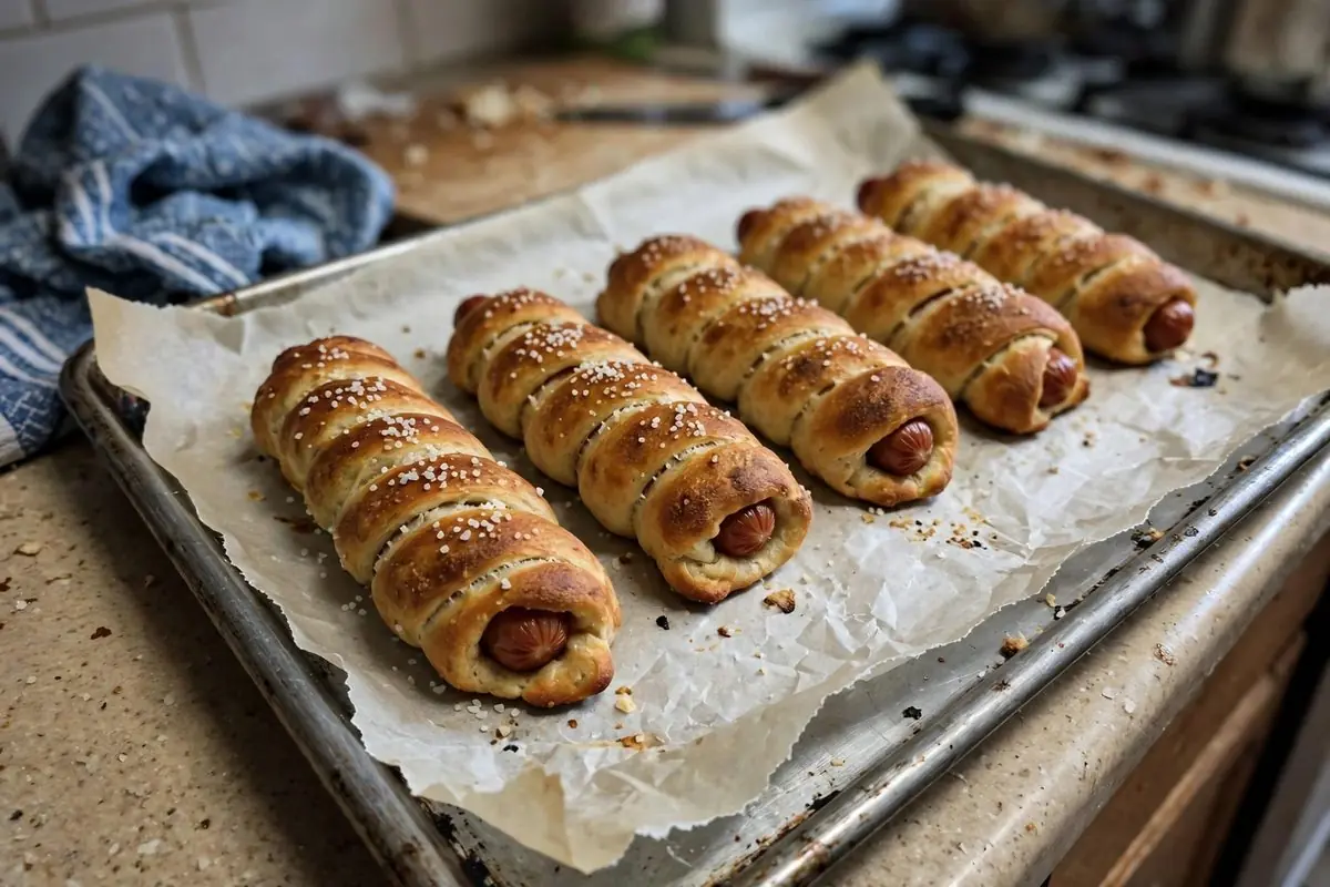 Homemade pretzel dogs wrapped in soft Amish pretzel dough on a baking sheet