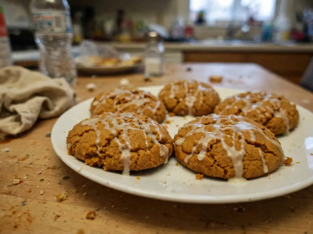 Soft Amish pumpkin cookies with brown butter glaze on a plate