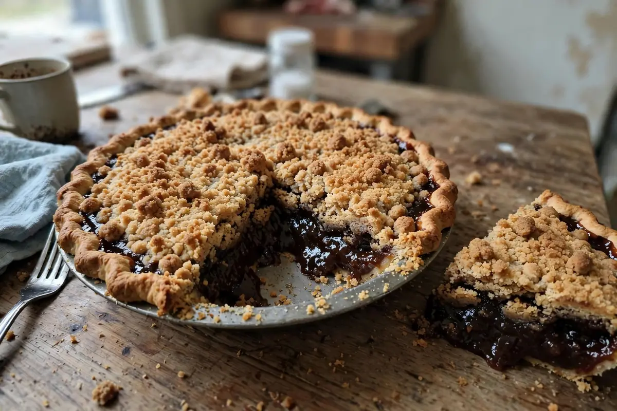Amish wet-bottom shoofly pie with crumb topping, a slice cut to show the gooey molasses layer