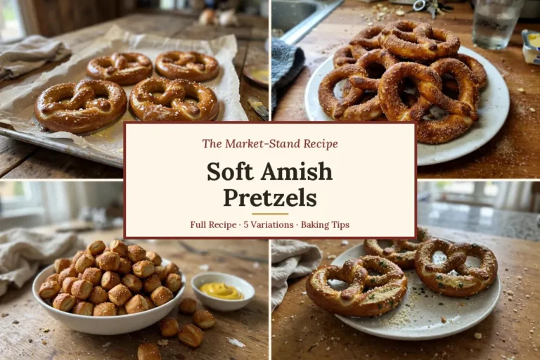 Soft Amish pretzels collage: classic salted, cinnamon sugar, pretzel bites and garlic Parmesan pretzels, the market-stand recipe
