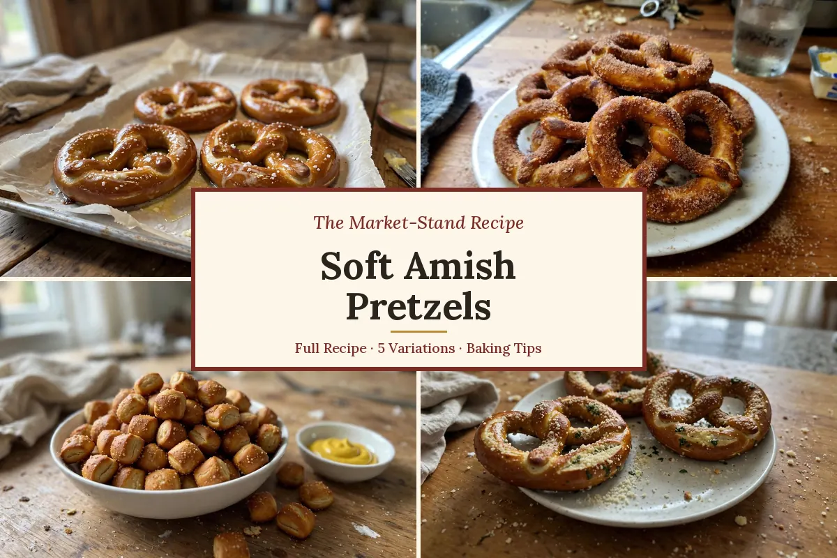 Soft Amish pretzels collage: classic salted, cinnamon sugar, pretzel bites and garlic Parmesan pretzels, the market-stand recipe