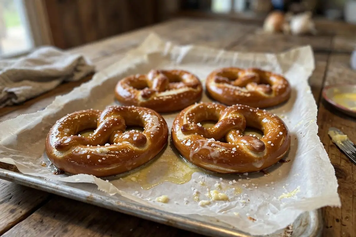 Soft Amish pretzels with coarse salt, brushed with melted butter, on a baking sheet