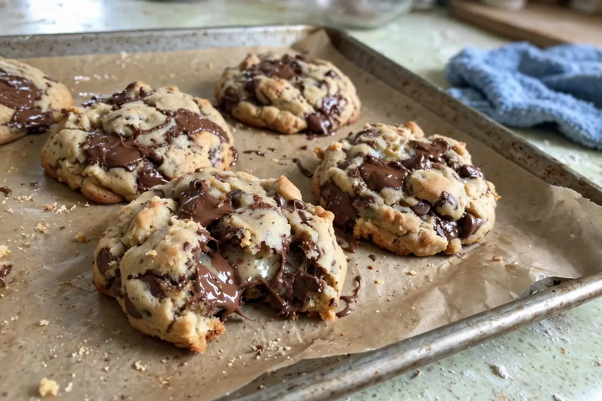 Big soft Amish-style chocolate chip cookies on a parchment-lined baking sheet