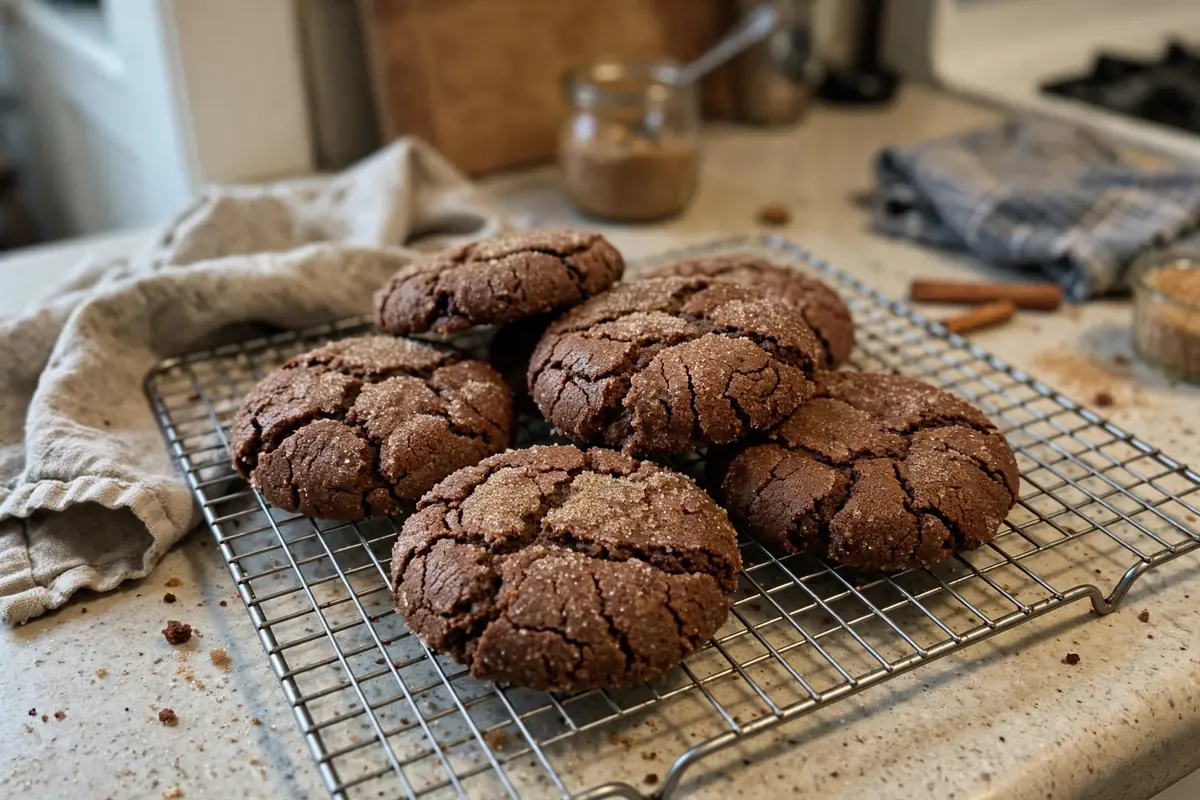 Soft Amish molasses cookies with crackled sugar tops cooling on a wire rack