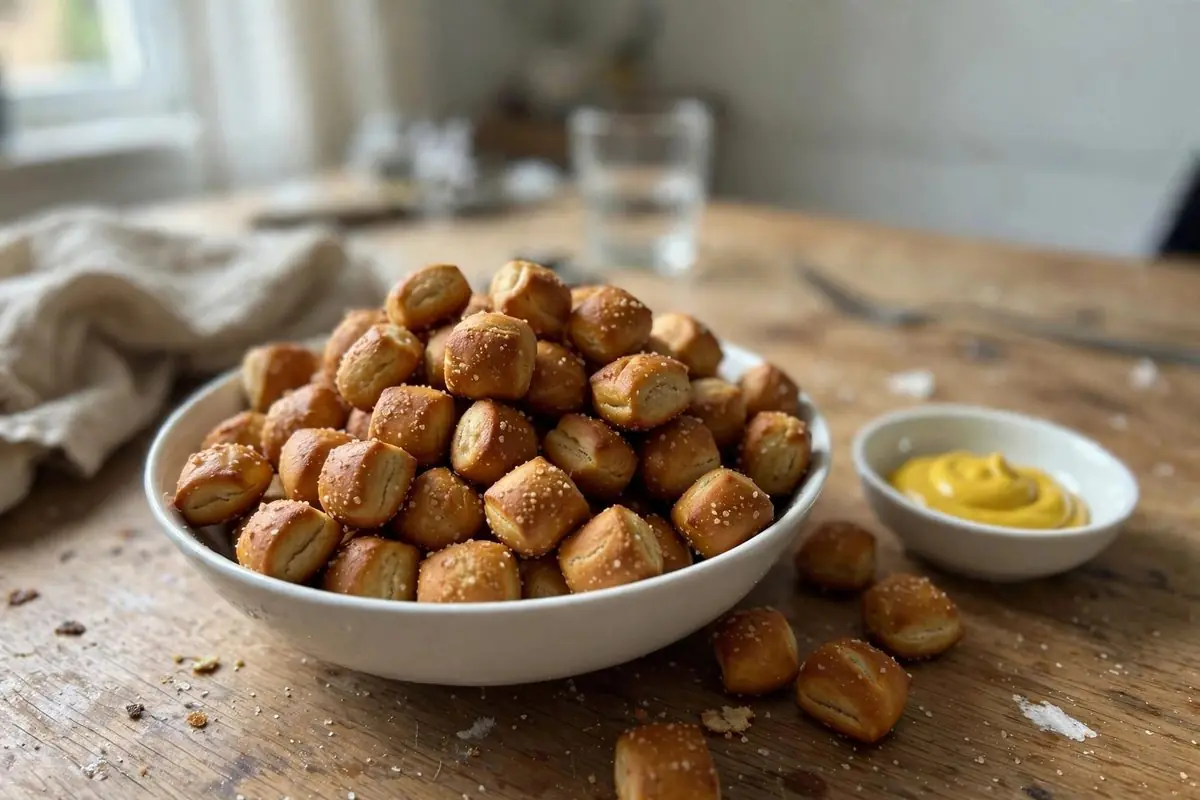 Homemade soft pretzel bites in a bowl with yellow mustard for dipping