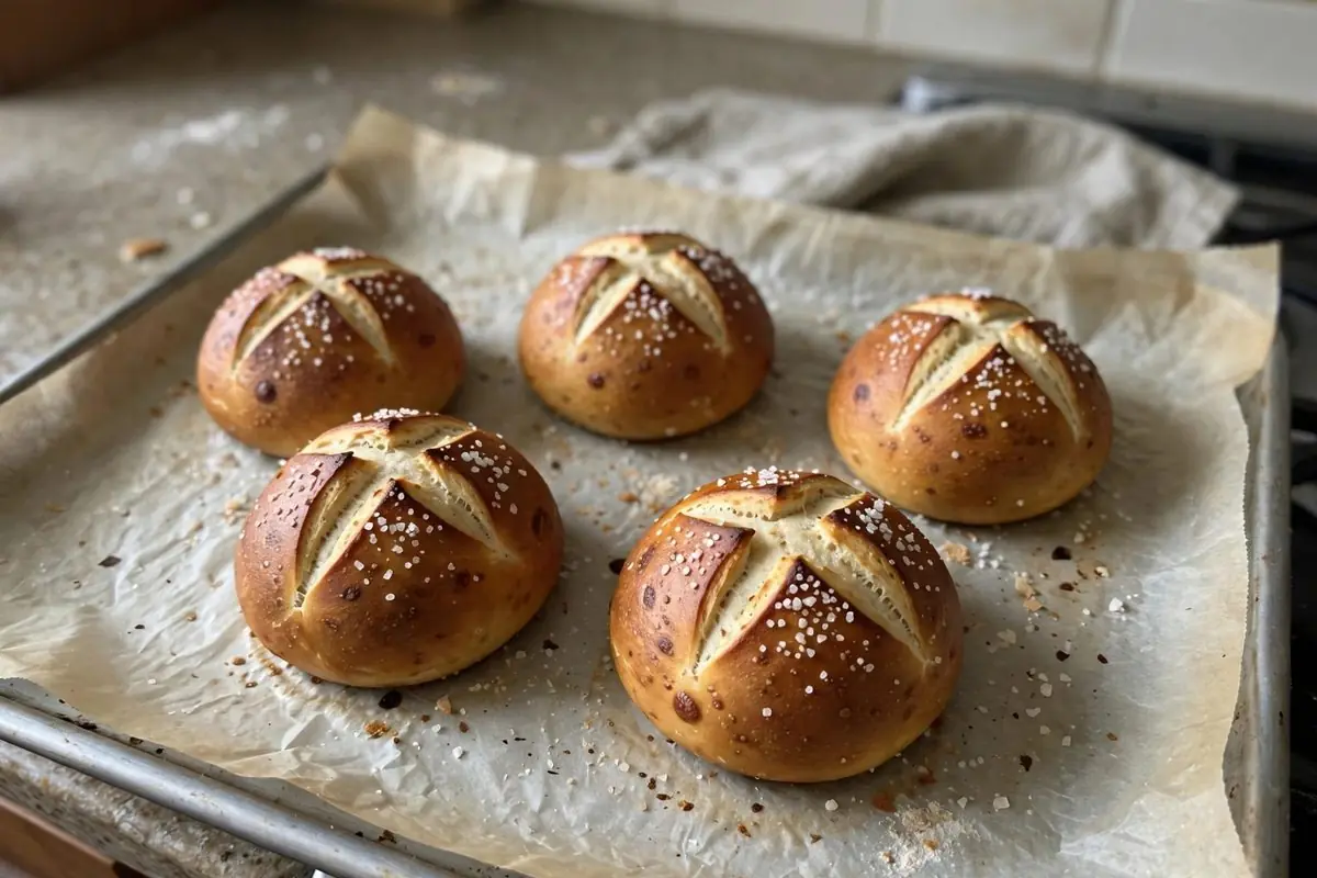 Soft pretzel rolls with an X cut on top and coarse salt, on a baking sheet